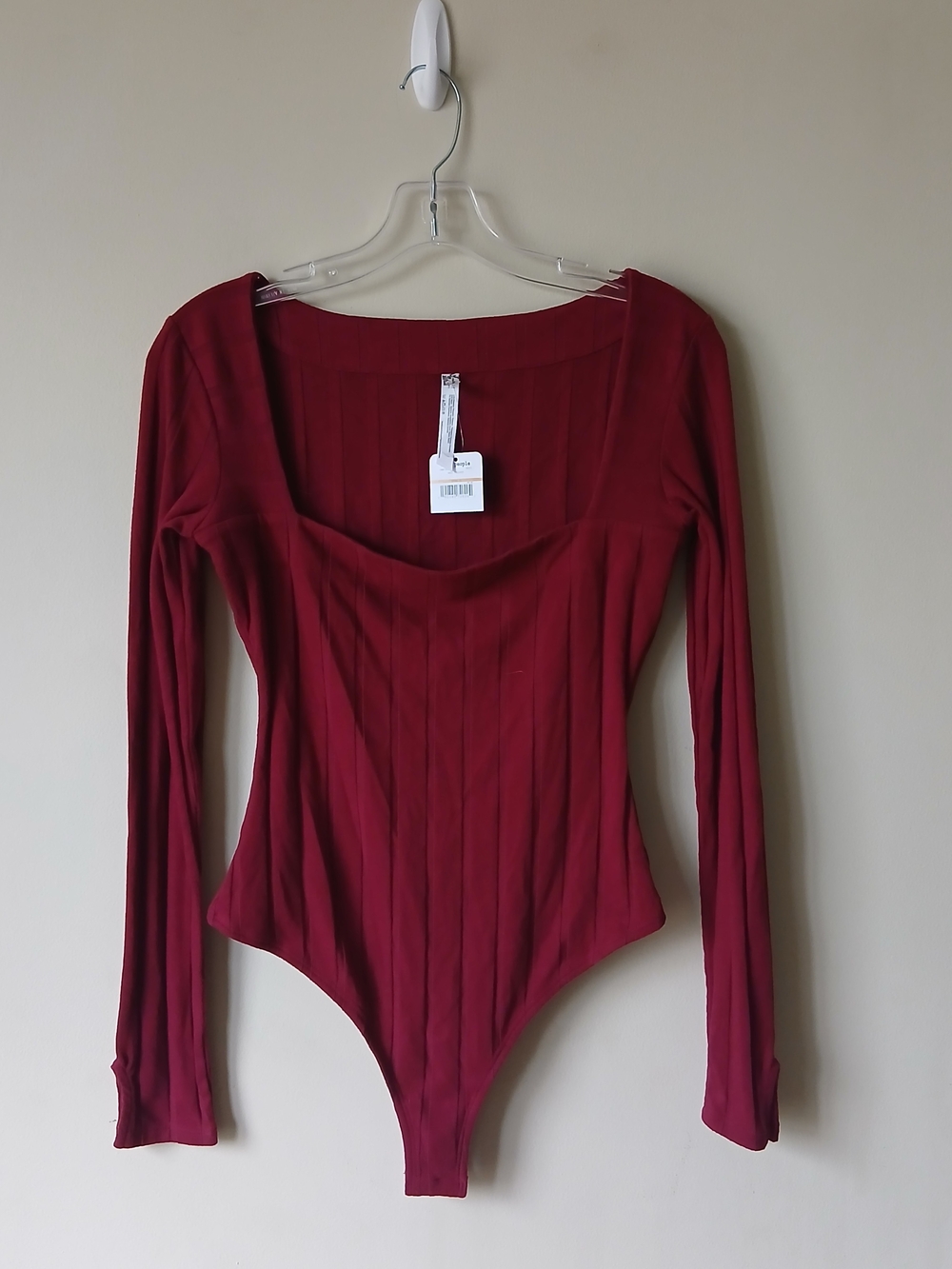Free People Burgundy Ribbed Long Sleeve Square Neck Bodysuit